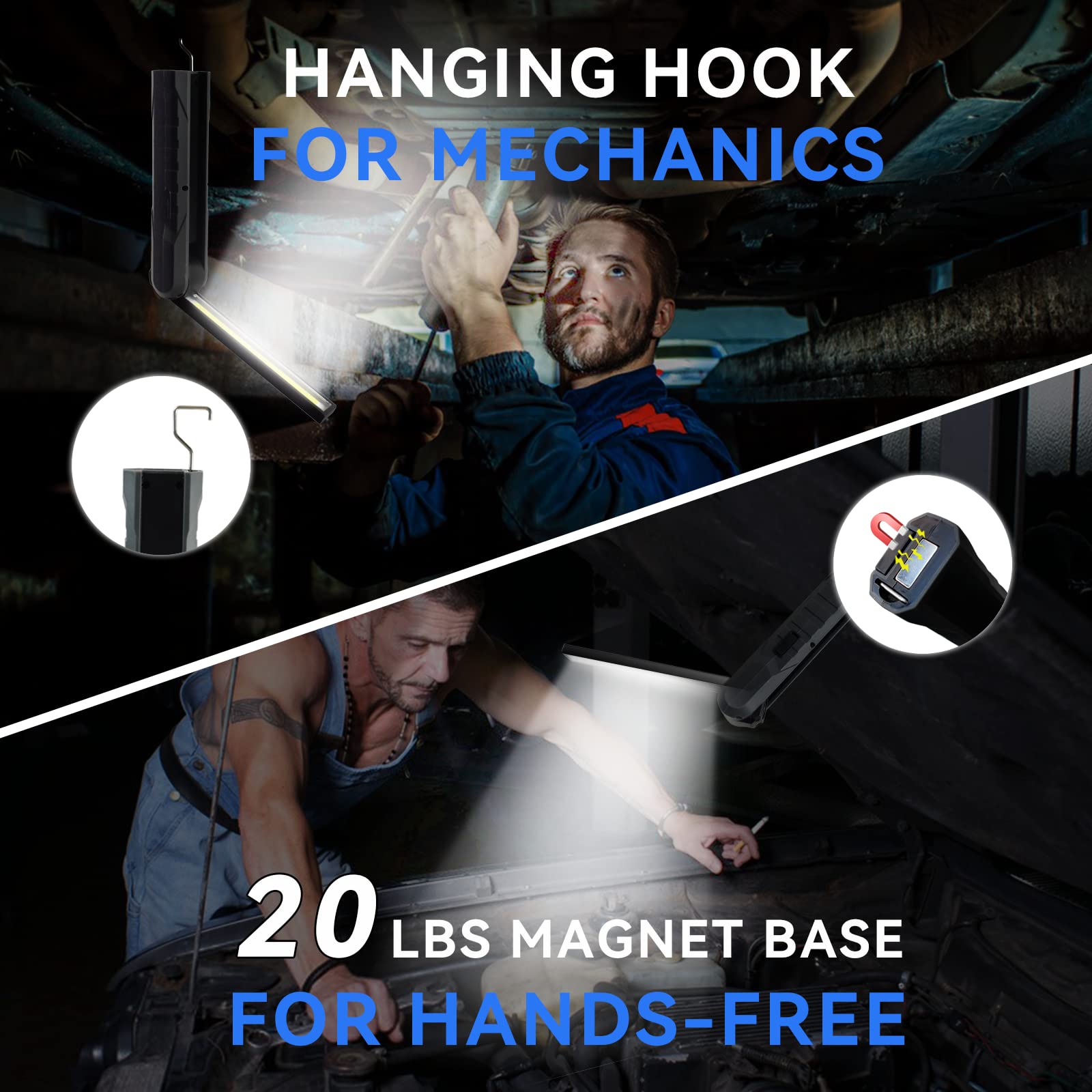 Durapower Rechargeable Led Mechanic Work Light 800 Lumens Foldable Magnetic Flashlight Automotive Work Light, Hook, 270º Rotate, Power Indicator For Mechanic, Repair